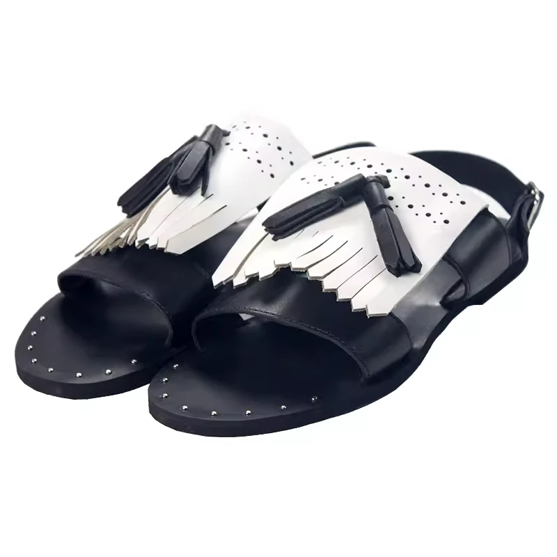 JINIWU吾倪季2025夏铆钉修饰流苏乐福牛皮撞色厚底麦穗罗马凉鞋