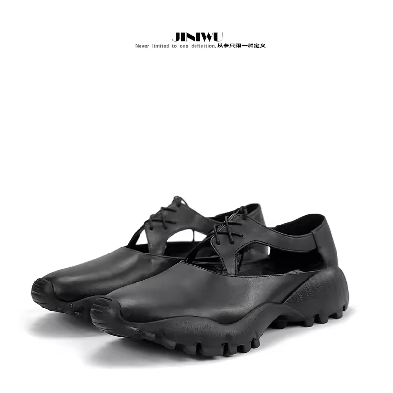 JINIWU吾倪季2025镂空运动鞋牛皮纯黑皮凉鞋时尚休闲韩版男鞋子