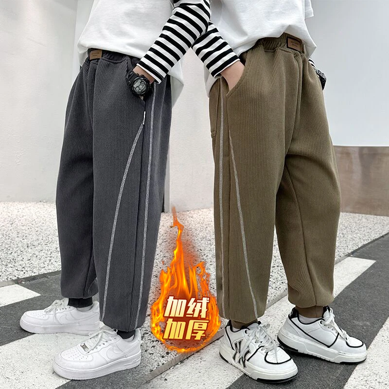 男童秋冬款加绒一体绒灯芯绒裤子儿童宽松外穿休闲裤中大童长裤潮