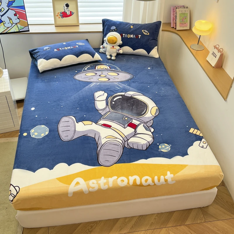 冬季卡通牛奶绒床笠单件珊瑚绒床罩床垫套罩可爱宇航员床笠加厚