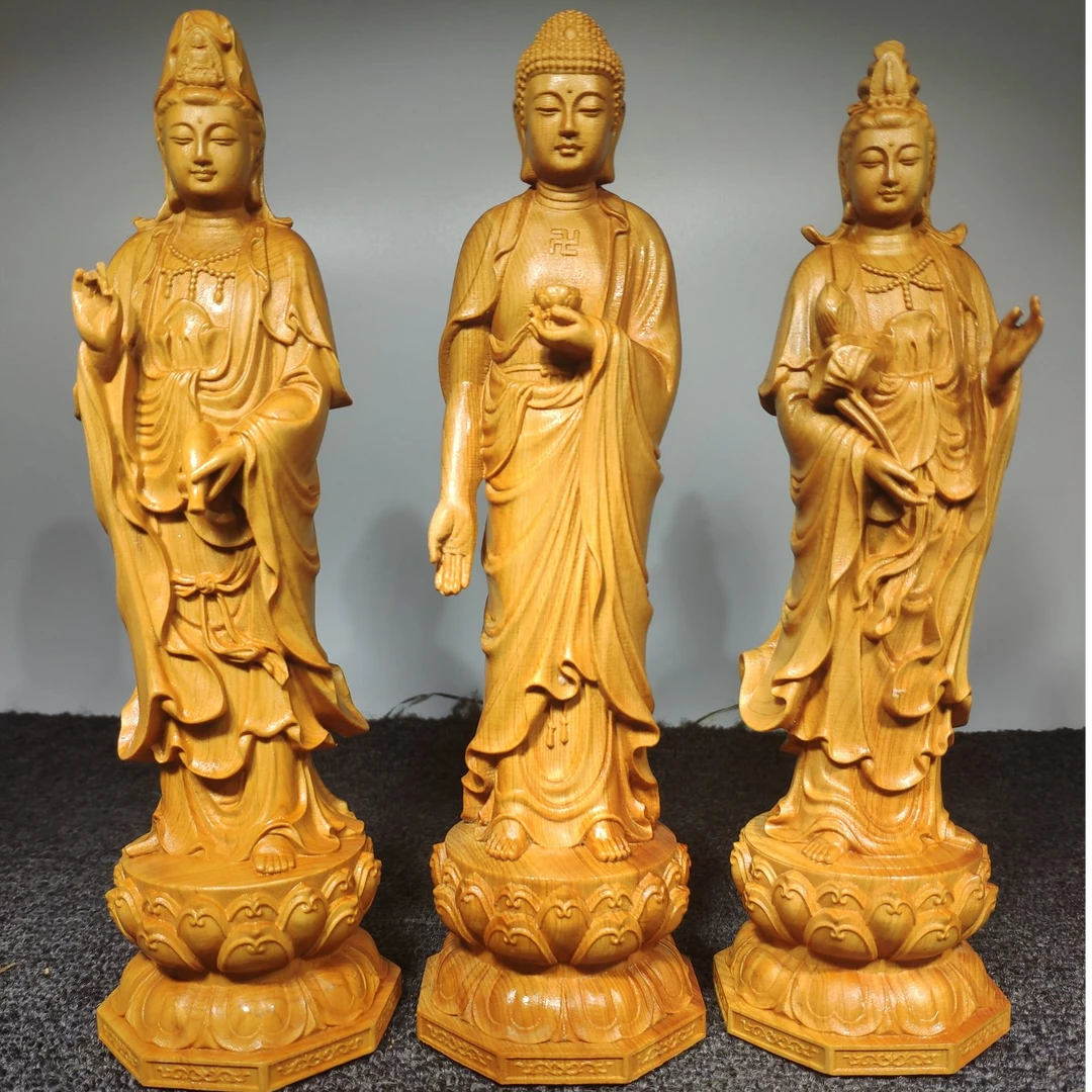 西方三圣崖柏21*6.2*6.2cm家居办公室车载摆件观音如来