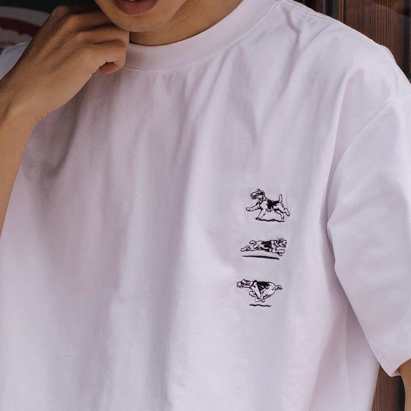 Hungry Artist新品夏季冰感小狗刺绣短袖t恤男女圆领复古重磅Tee
