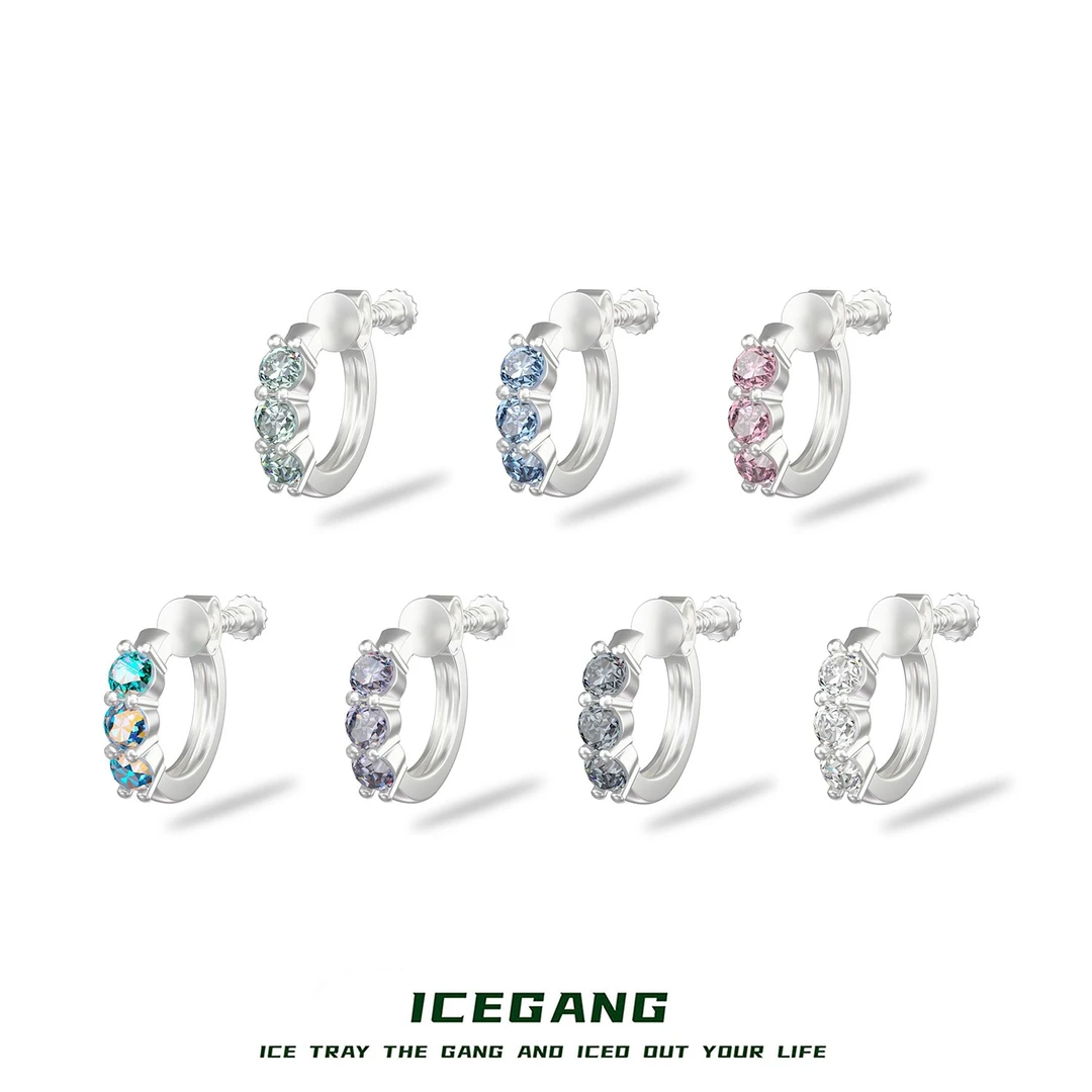 ICEGANG 铜合金莫桑石耳饰 彩色美式莫桑石三钻螺纹耳夹无痛上耳