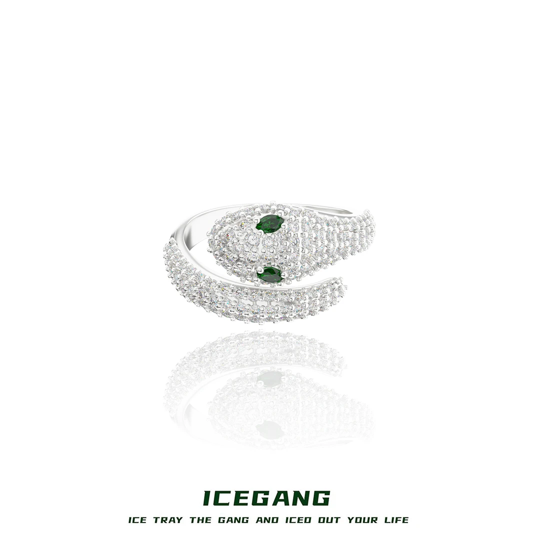 ICEGANG 铜合金合成锆石戒指 满钻灵蛇戒指蛇缠绕开口个性男女