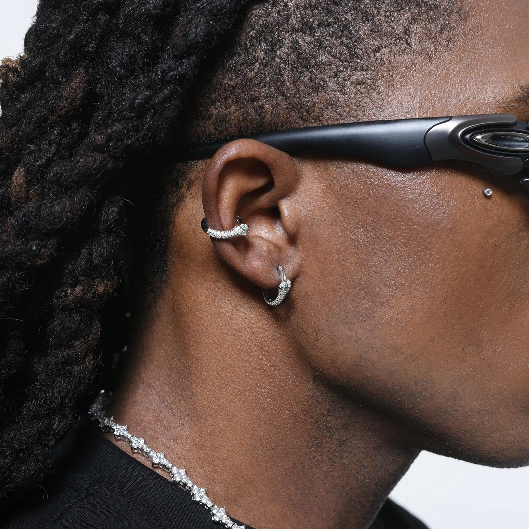 ICEGANG 铜合金合成锆石耳饰 国潮绿眼灵蛇耳夹无耳洞可戴轻奢