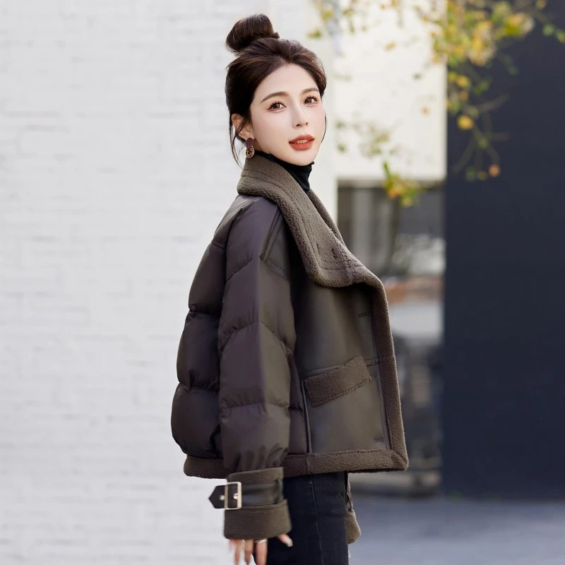 短款羊羔绒拼接羽绒服女2025年冬季新款小个子洋气时尚白鸭绒外套