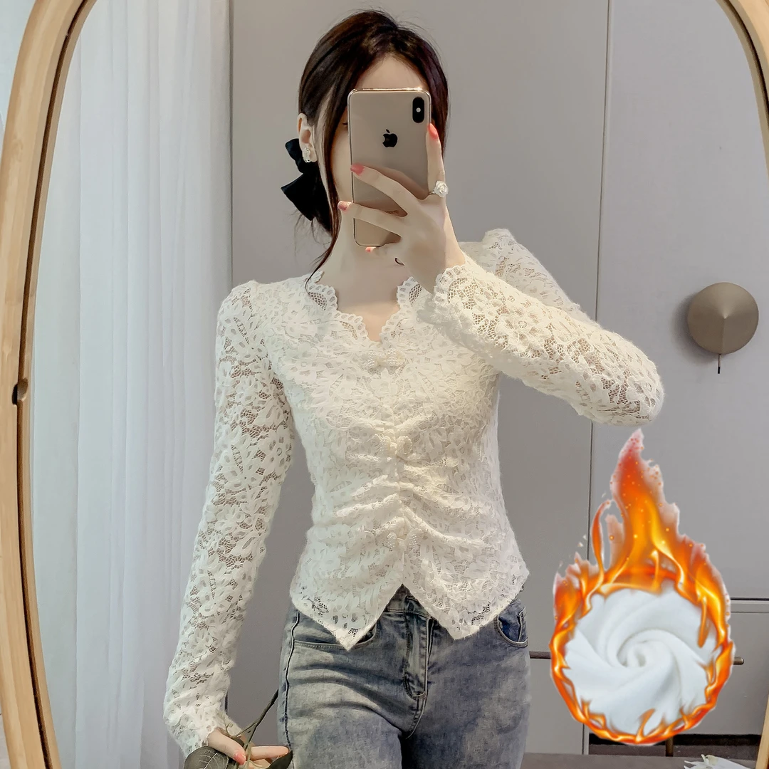 2025V领秋冬长袖加绒加厚蕾丝打底衫秋冬新款磨毛时尚洋气上衣女
