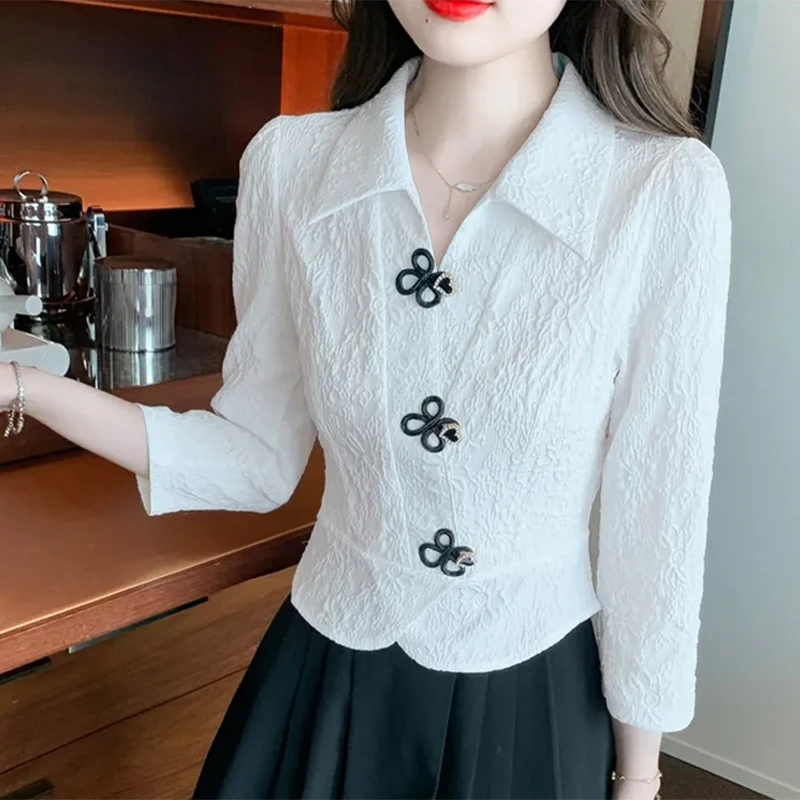 2024女装春秋季新款时尚百搭修身显瘦设计感提花七分袖衬衫女上衣