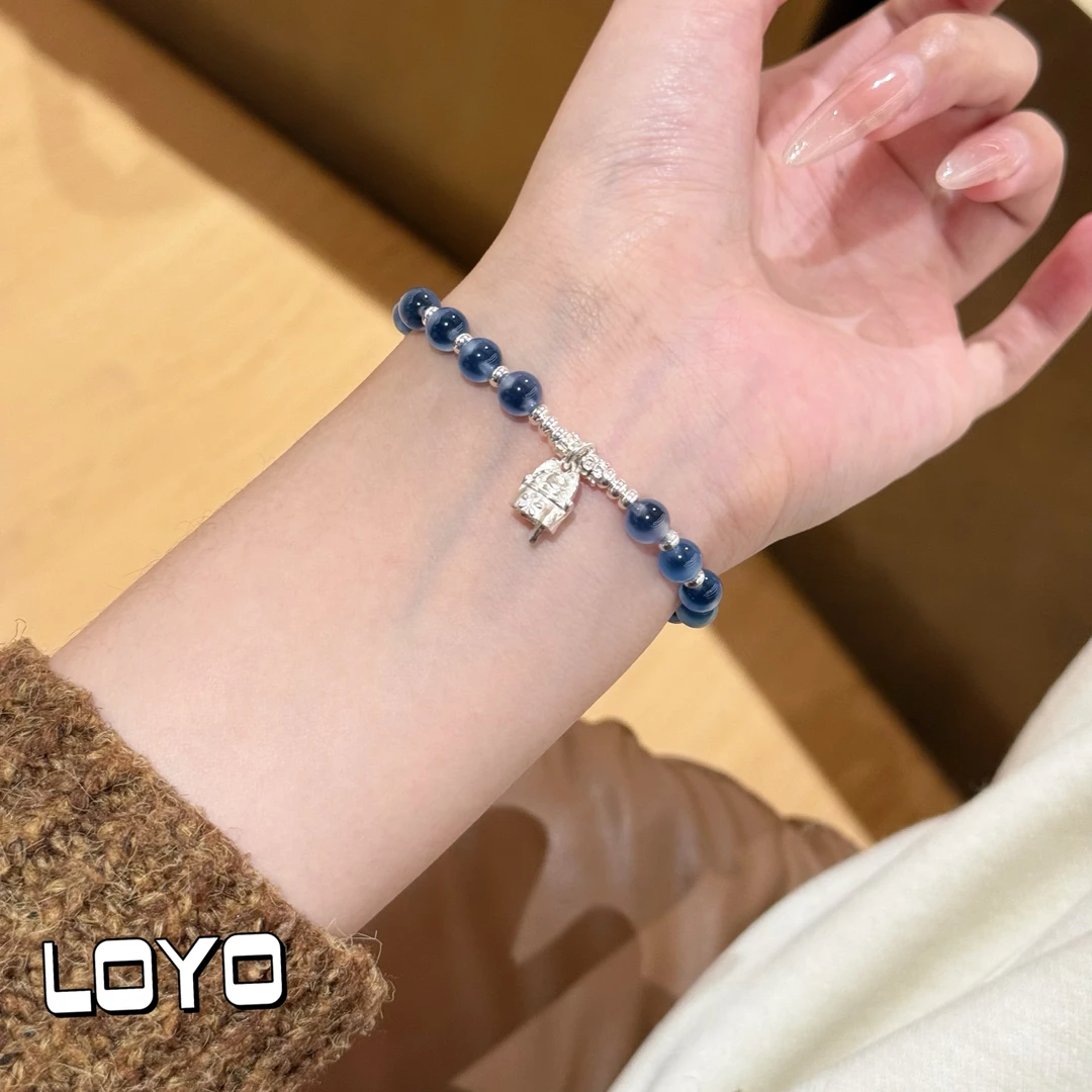 925银手链 可爱小猫吊坠款手链手工气质蓝色轻奢复古小众女生百搭