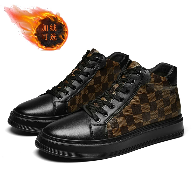 秋冬季新款加绒高帮厚底男鞋潮流格子纹板鞋软底时尚百搭休闲皮鞋