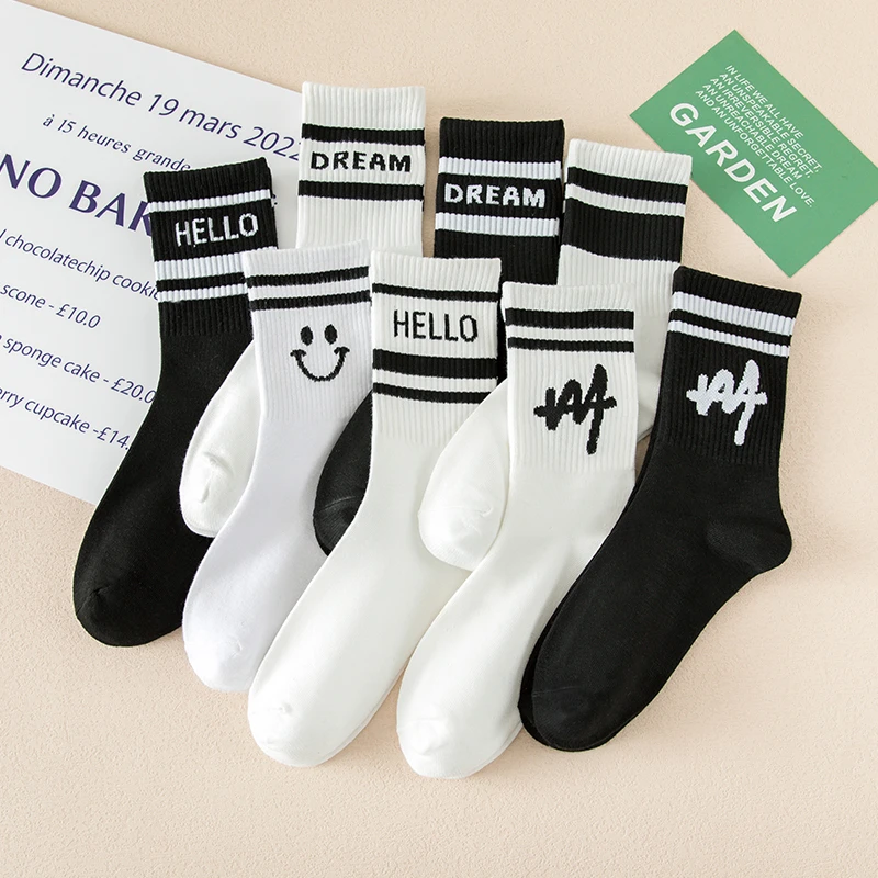 袜子女夏季中筒袜黑白字母条纹运动袜外穿长筒棉袜网红ins潮袜夏