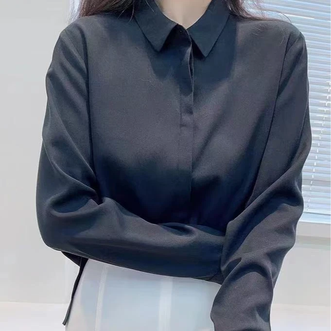 【梅姐严选】轻奢气质时尚简约纯色黑色女士长袖衬衣