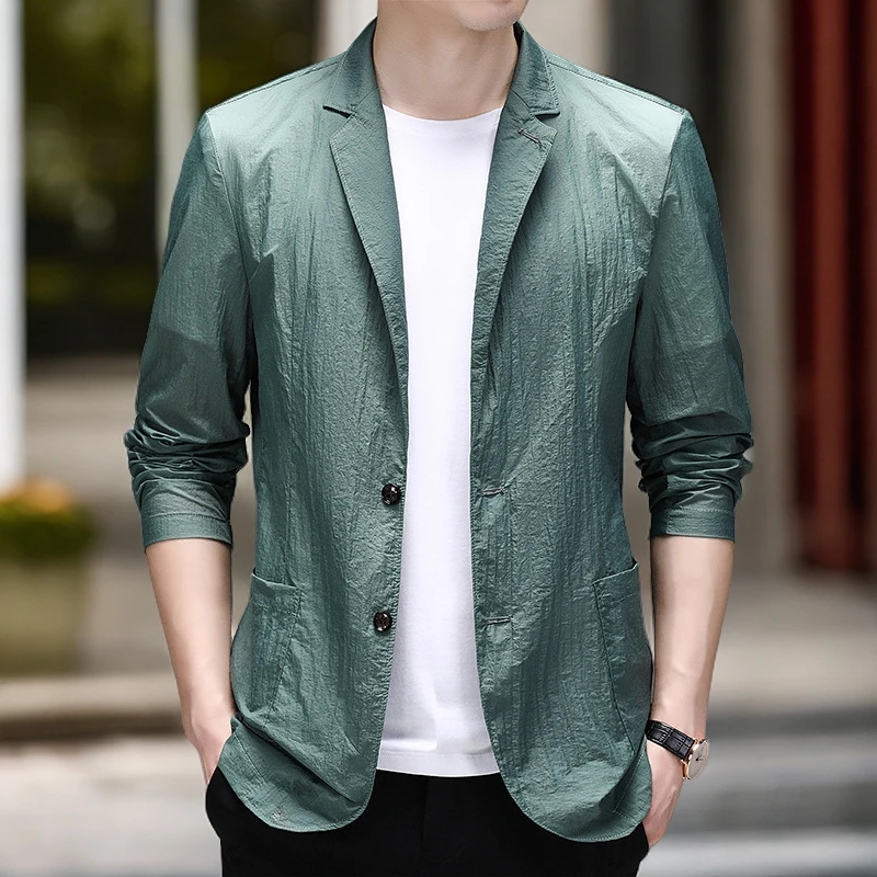 意大利高档男士防晒西服夏季轻薄透气防晒衣冰丝凉爽小西装外套男