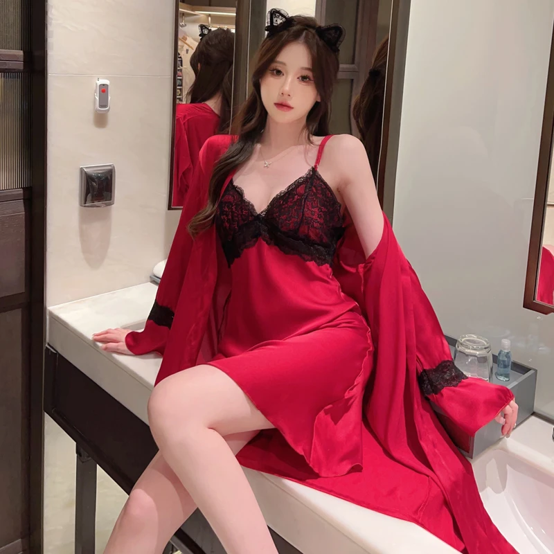 春秋季冰丝带胸垫睡衣女款中长款吊带睡裙睡袍性感家居服两件套