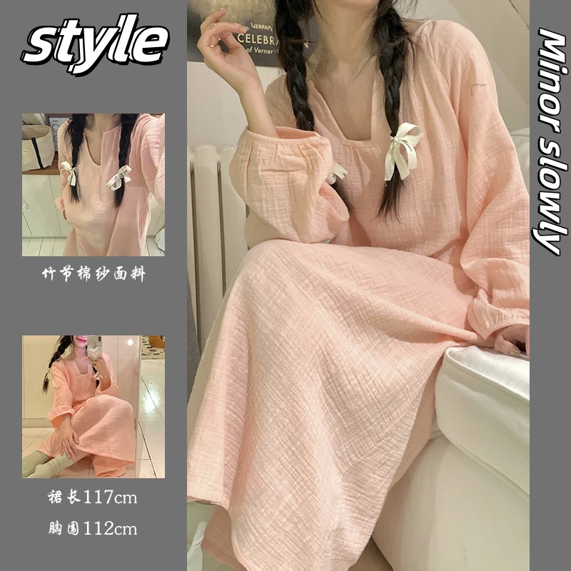 春秋季纯棉棉纱睡裙女款长袖ins网红爆款高级感梭织家居服女睡衣