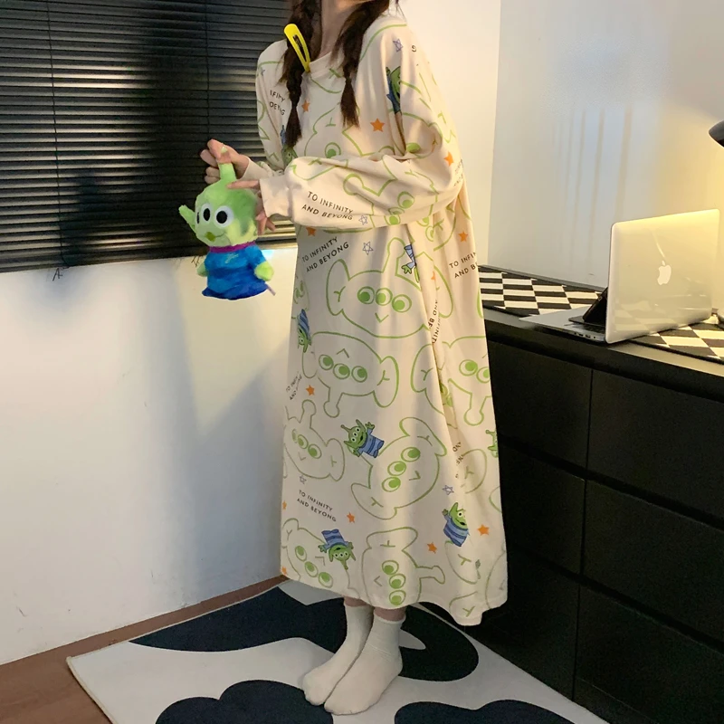 带胸垫纯棉春秋睡衣女款爆款2023新款秋季长袖长款睡裙宽松家居服