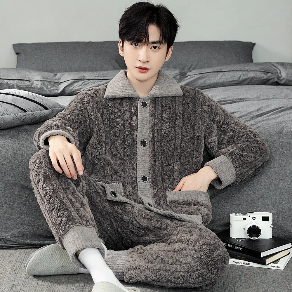 睡衣男士秋冬珊瑚绒家居服季冬天加绒加厚法兰绒套装开衫保暖冬装