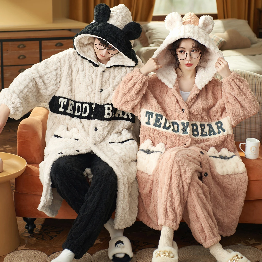 珊瑚绒情侣睡袍秋冬季加厚男士可外穿法兰绒睡袍睡裤套装家居服