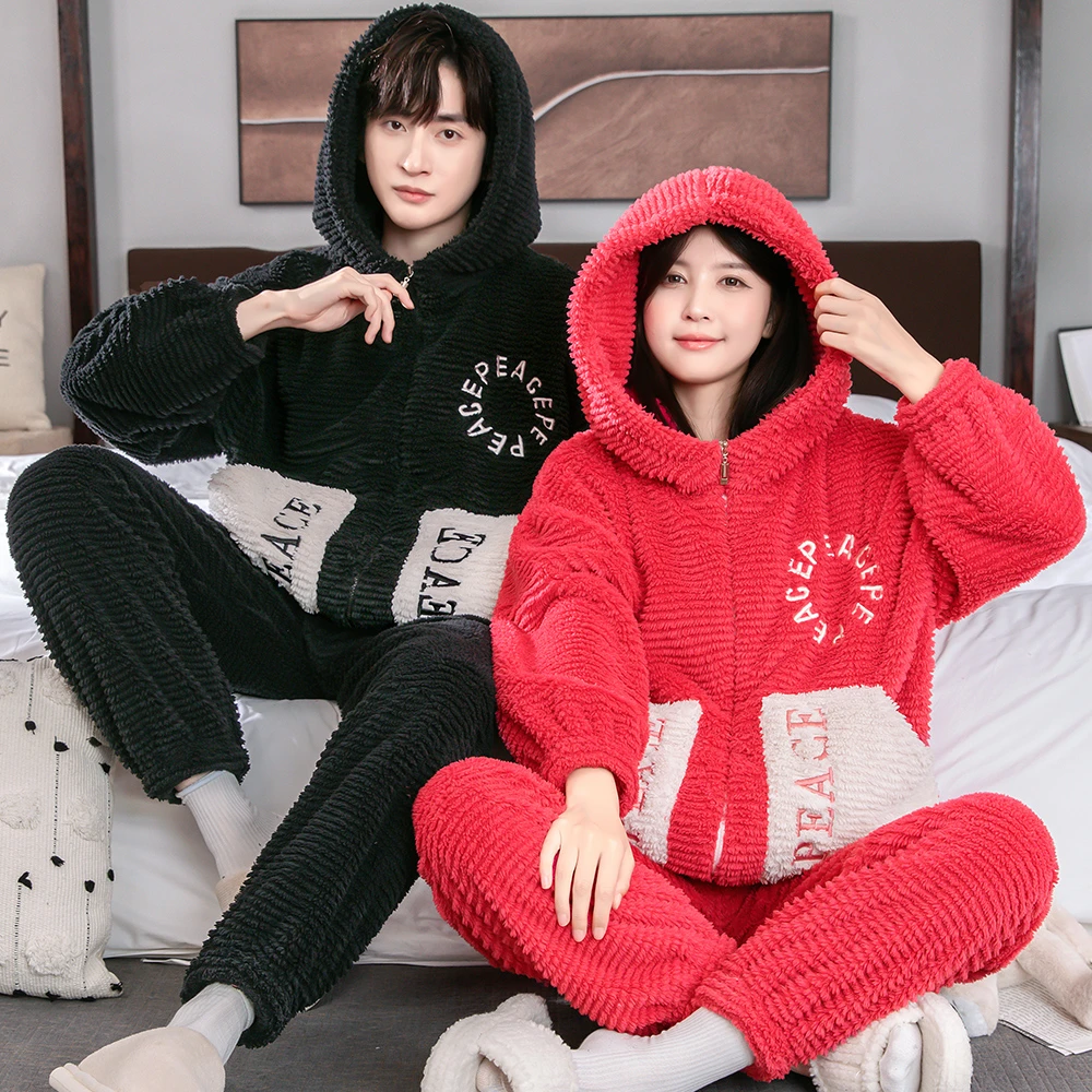 情侣睡衣女秋冬季加厚珊瑚绒男士可外穿法兰绒学生睡衣套装家居服