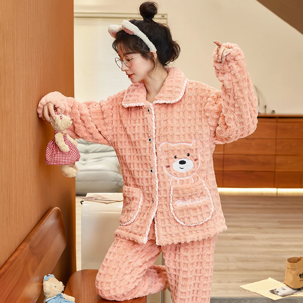 睡衣女秋冬季珊瑚绒家居服保暖法兰绒加绒加厚款冬天大码冬款套装