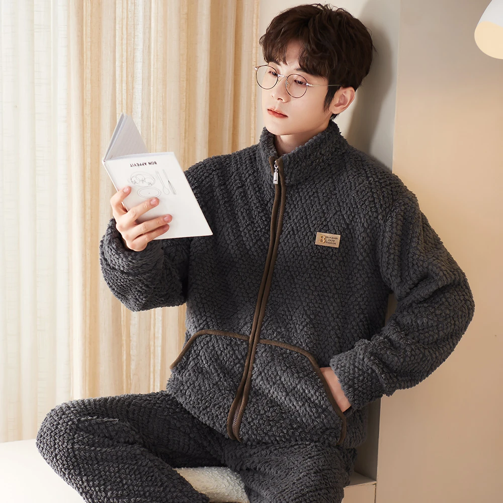 睡衣男秋冬加厚加绒法兰绒套装珊瑚绒家居服开衫拉链大码保暖冬装