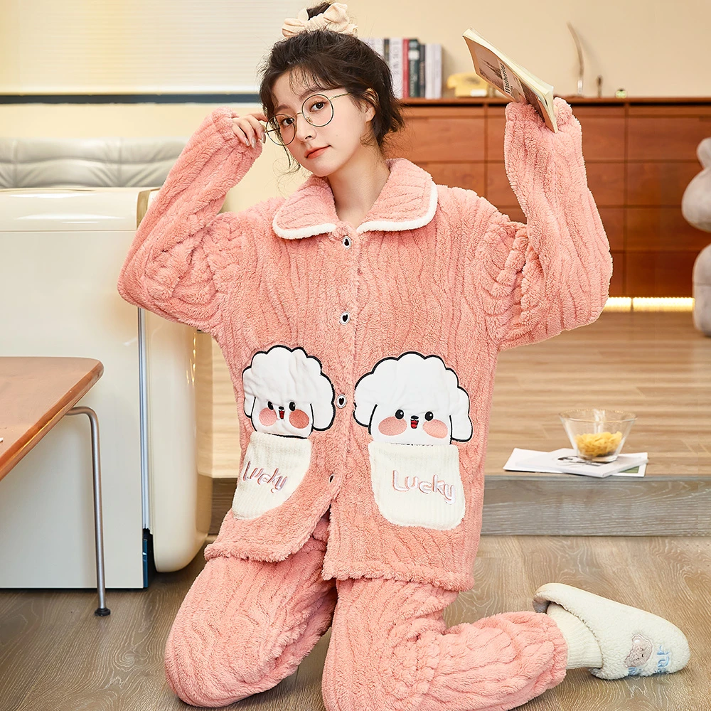 睡衣女秋冬珊瑚绒可外穿家居服法兰绒加绒加厚款冬天大码保暖套装