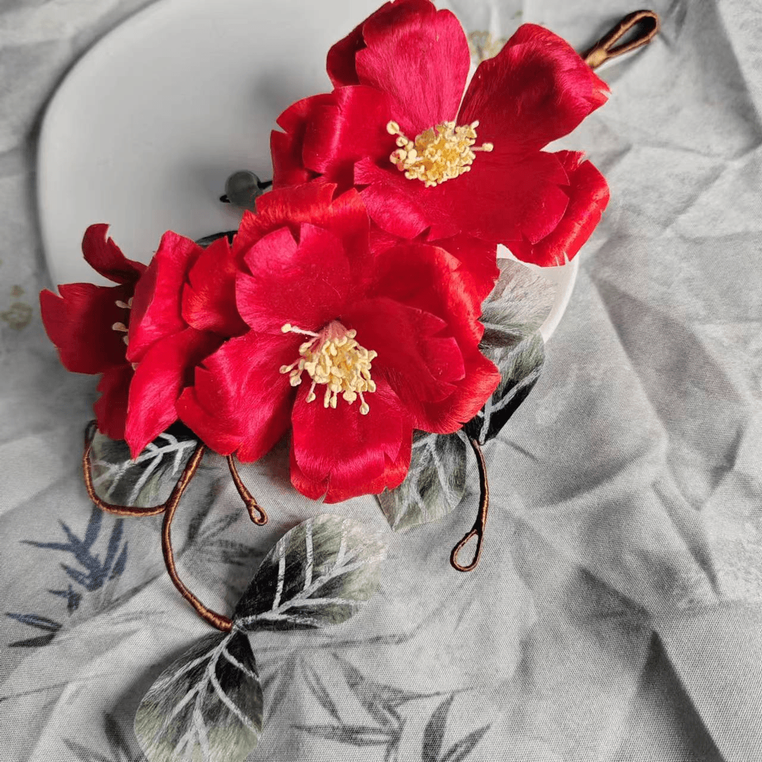 纯手工桑蚕丝绒花红花软簪女拍摄复古古风百搭仙气古风发簪