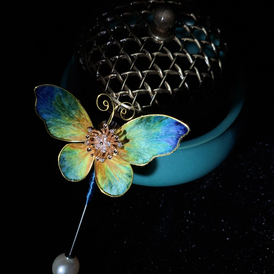 非金属布艺胸针 清素纯手工缠花蓝绿蝴蝶胸针百搭（使用后不可退）