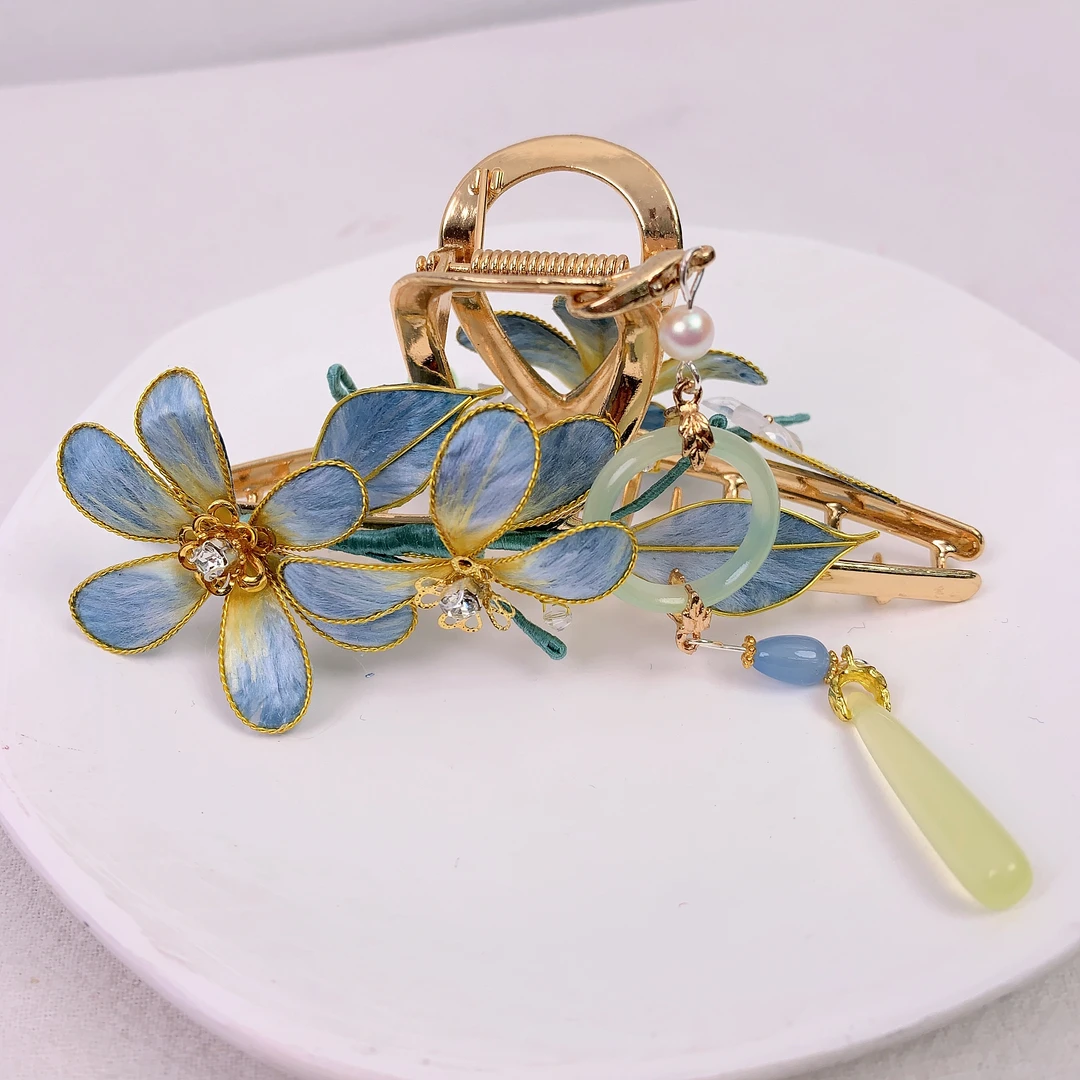 手工桑蚕丝缠花蓝花抓夹鲨鱼夹头饰复古汉服发饰时尚轻奢气质