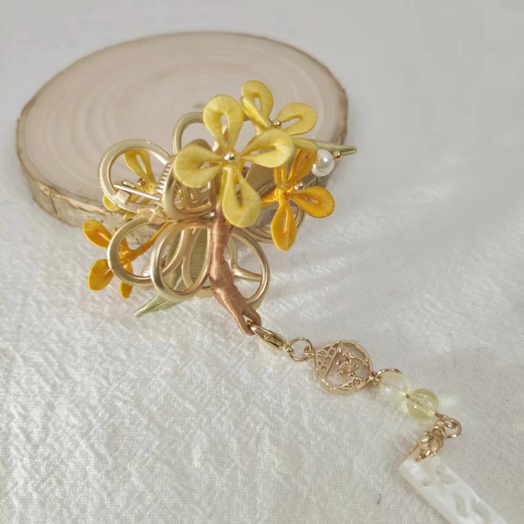 手工桑蚕丝缠花桂花抓夹鲨鱼夹头饰复古汉服