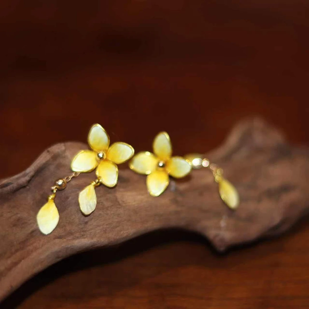 合金真丝耳饰 木犀花桂花耳钉气质轻奢时尚百搭法式古典镶嵌手工