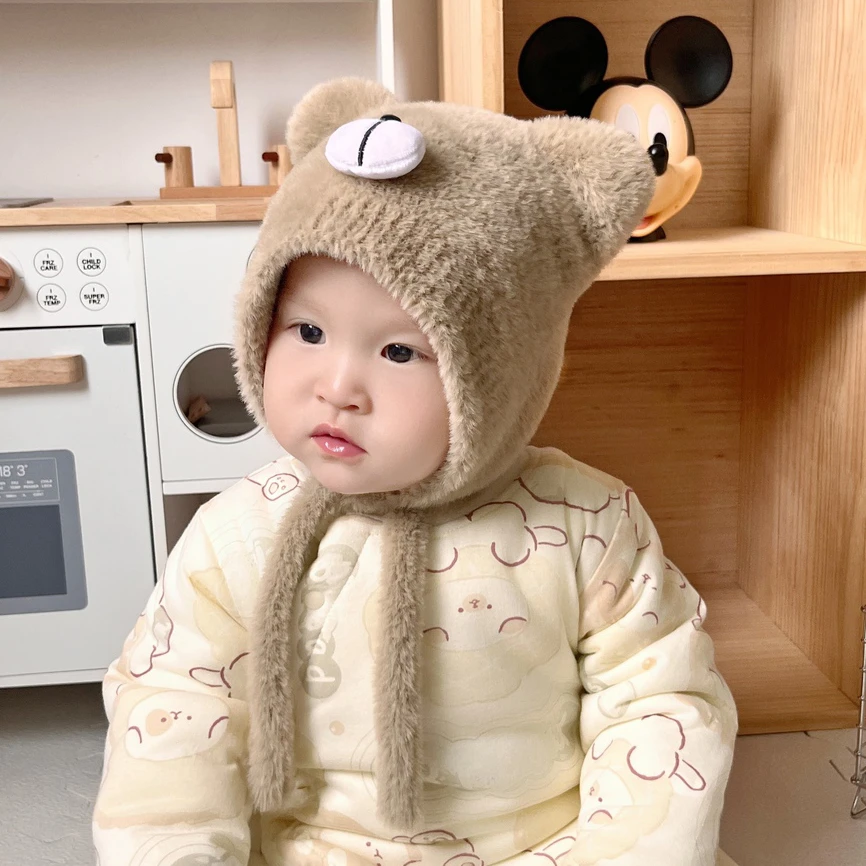 婴儿帽子秋冬韩版可爱小月龄针织毛绒帽冬天男宝宝保暖加厚护耳帽