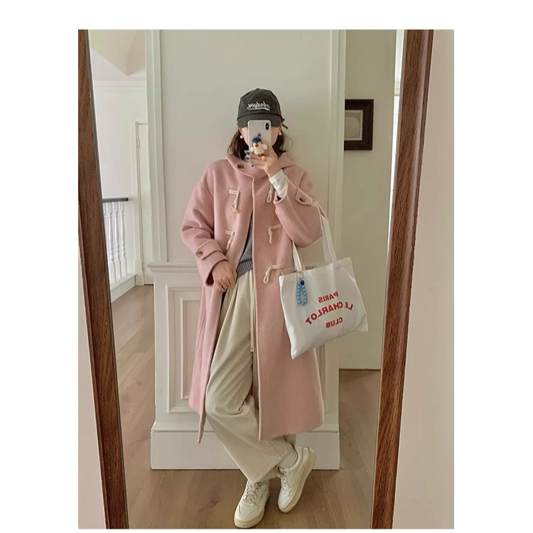 新款绵羊毛双面羊毛呢大衣女牛角扣中长款宽松绵羊毛呢外套