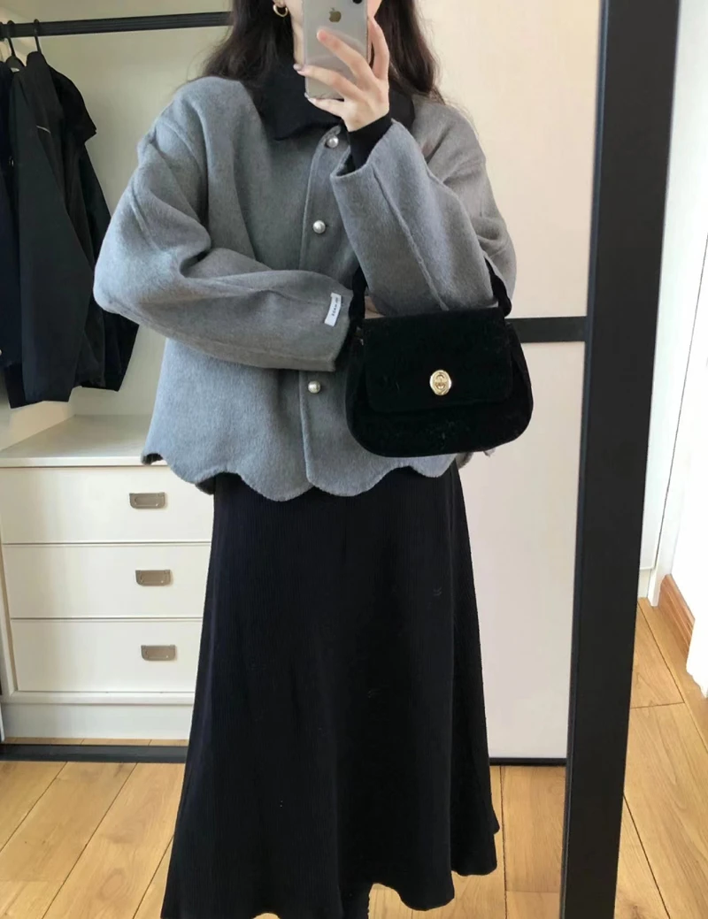 反季新款韩国双面羊毛大衣女宽松短款荷叶边小个子绵羊毛呢外套