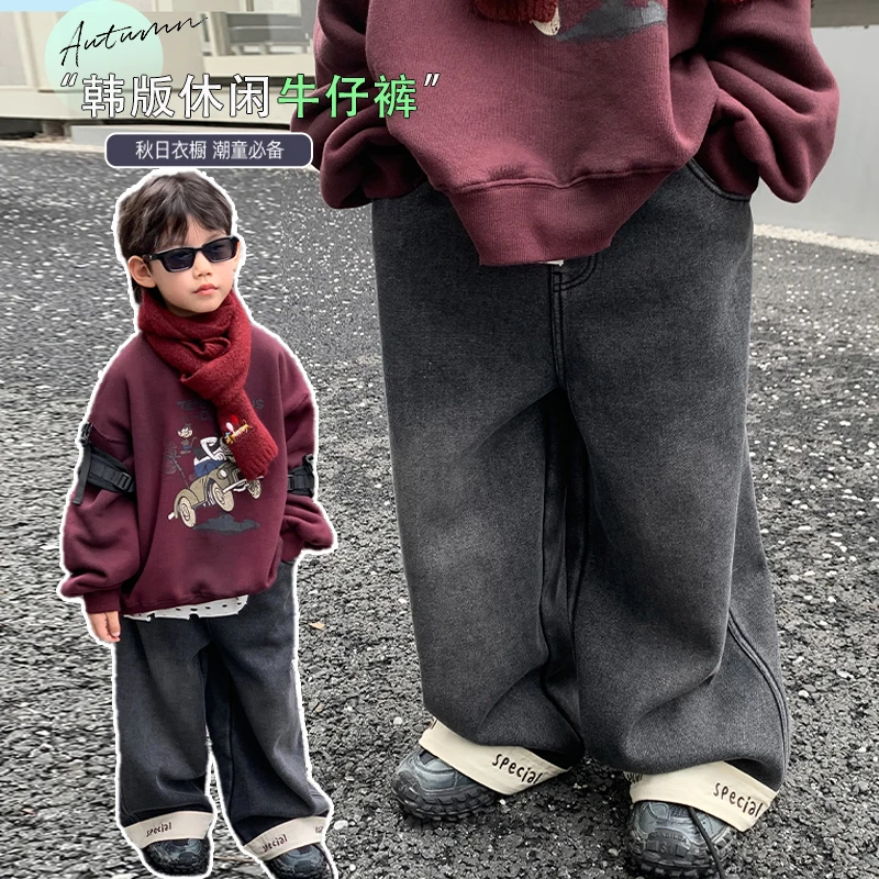 麦哟哟儿童冬季加绒牛仔休闲裤洋气宽松加厚韩版拼接潮酷潮流帅气