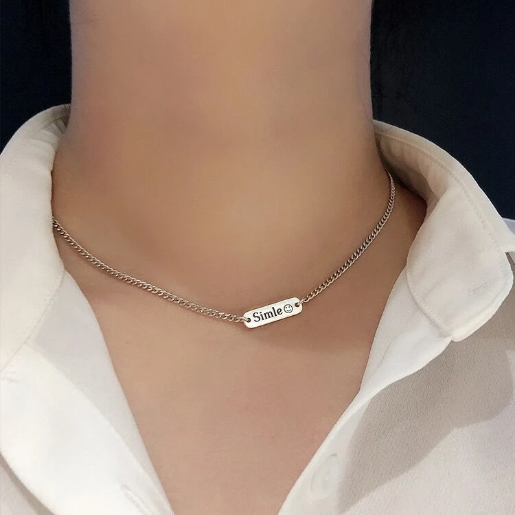 AISHALI 坠链均925银 smile微笑字母牌颈链女锁骨链时尚百搭项链