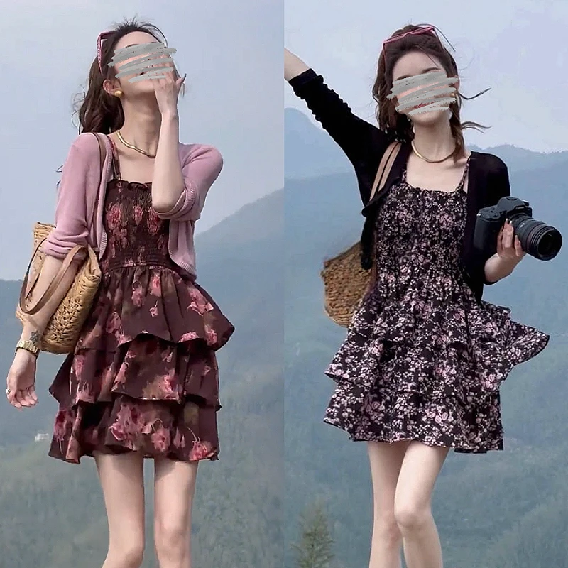 甜美洋气显瘦短款多层碎花连衣裙+纯色时尚百搭短款长袖针织开衫