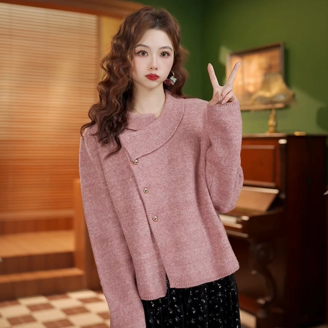 鹿晚不晚【粉玫瑰】时尚气质不规则设计长袖毛衣LX9019302