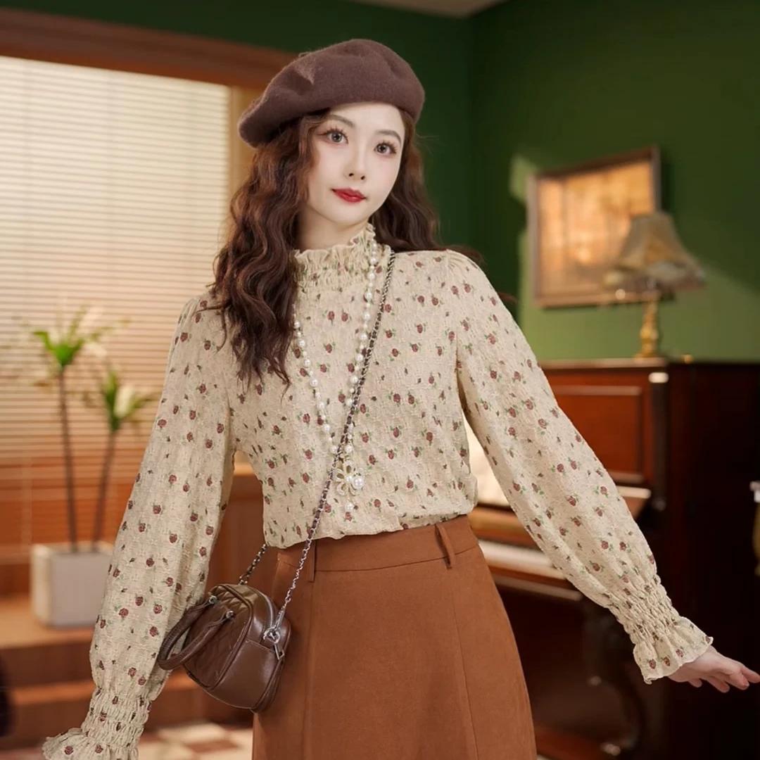 鹿晚不晚【花意绽放】复古碎花长袖衬衫女宽松百搭上衣LS0824423-1