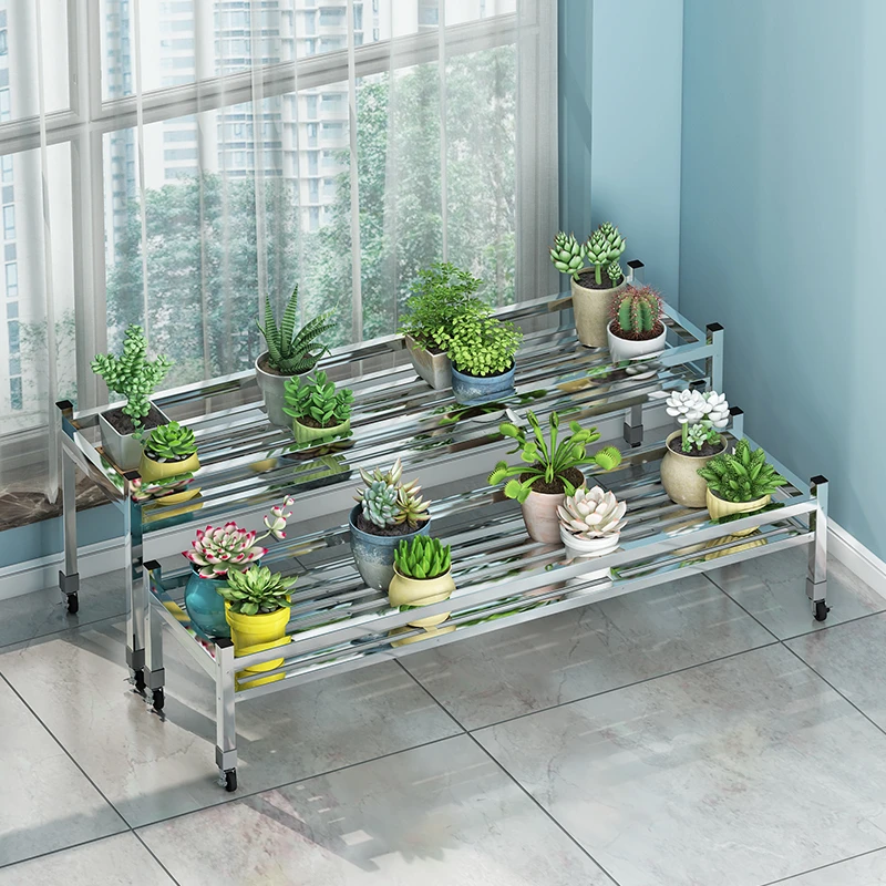 不锈钢花架带轮子加宽单层多省空间家用阳台置物架户外可移动架子