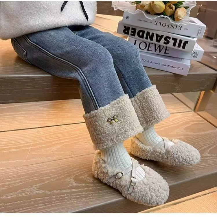 女童2024女童加绒牛仔裤一体绒加厚时髦休闲裤子秋冬装保暖直筒裤