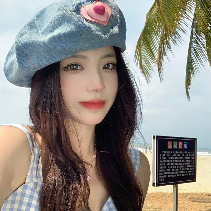 一眼心动~蜜桃女孩牛仔贝雷帽子女秋季小众甜酷街拍ins网红画家帽