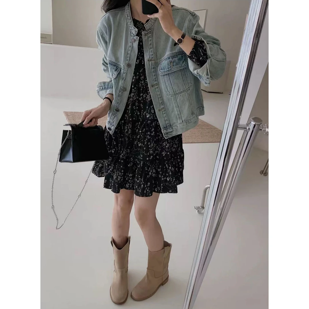 大码女装碎花连衣裙春季气质中长款A字裙韩版复古显瘦牛仔外套