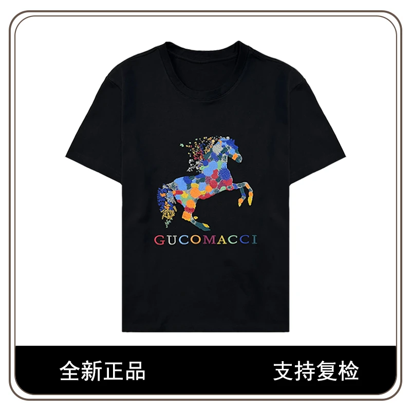 GUCOMACCI/古克玛驰九彩骏马重磅刺绣短袖T恤情侣字母上衣8870