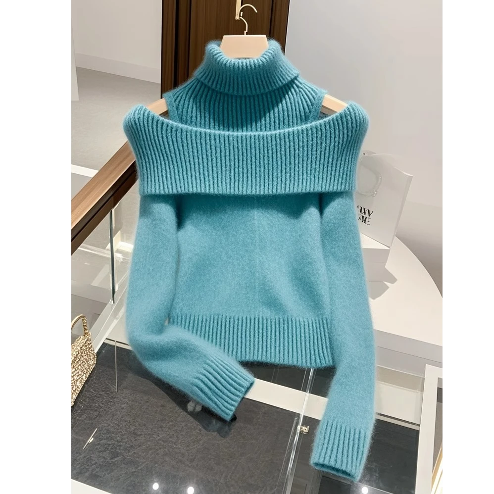 2024冬季独特超好看针织上衣高级感法式气质小香风蓝色假两件毛衣
