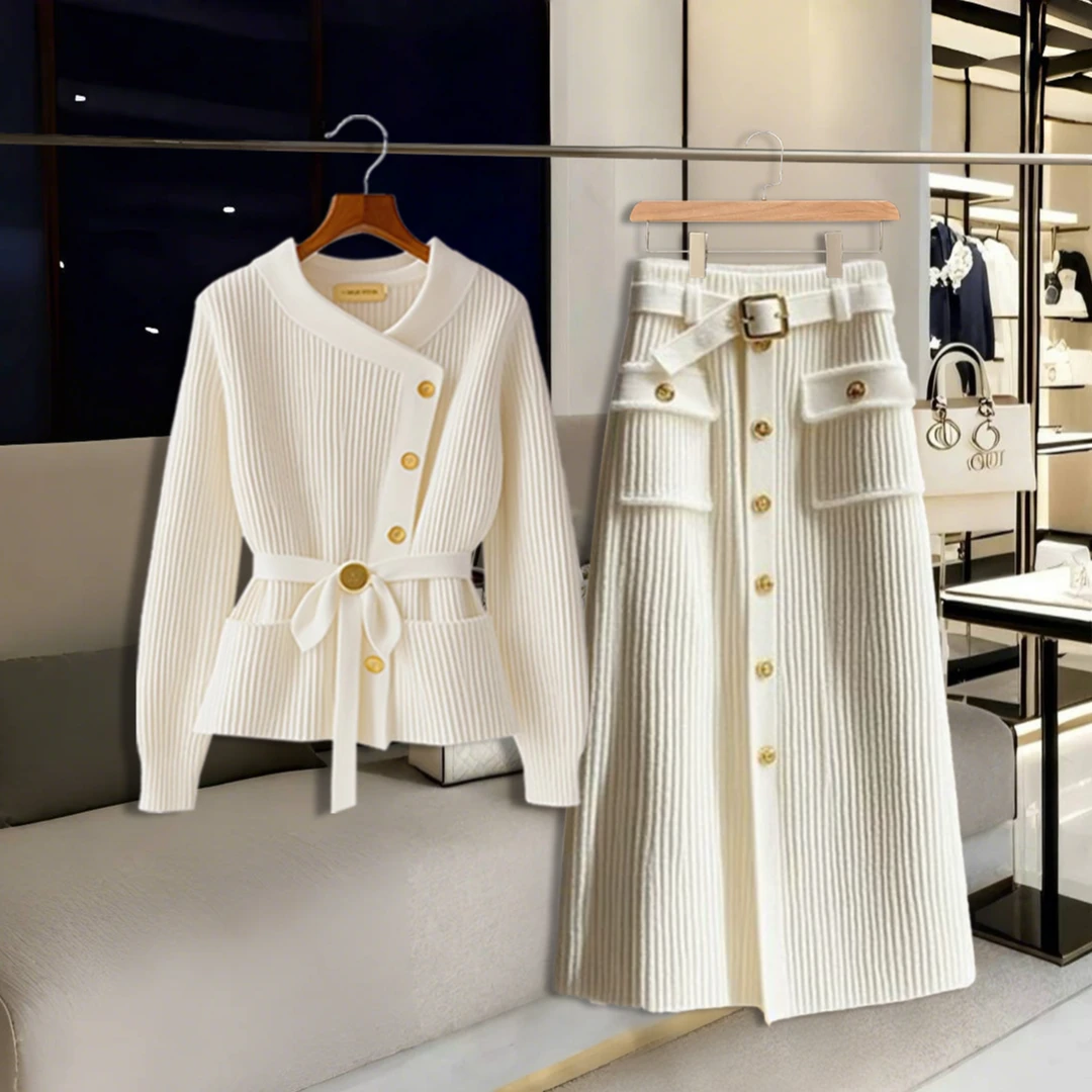 秋冬穿搭套装2024新款秋季女装轻熟白色小香风毛衣半身裙两件套装