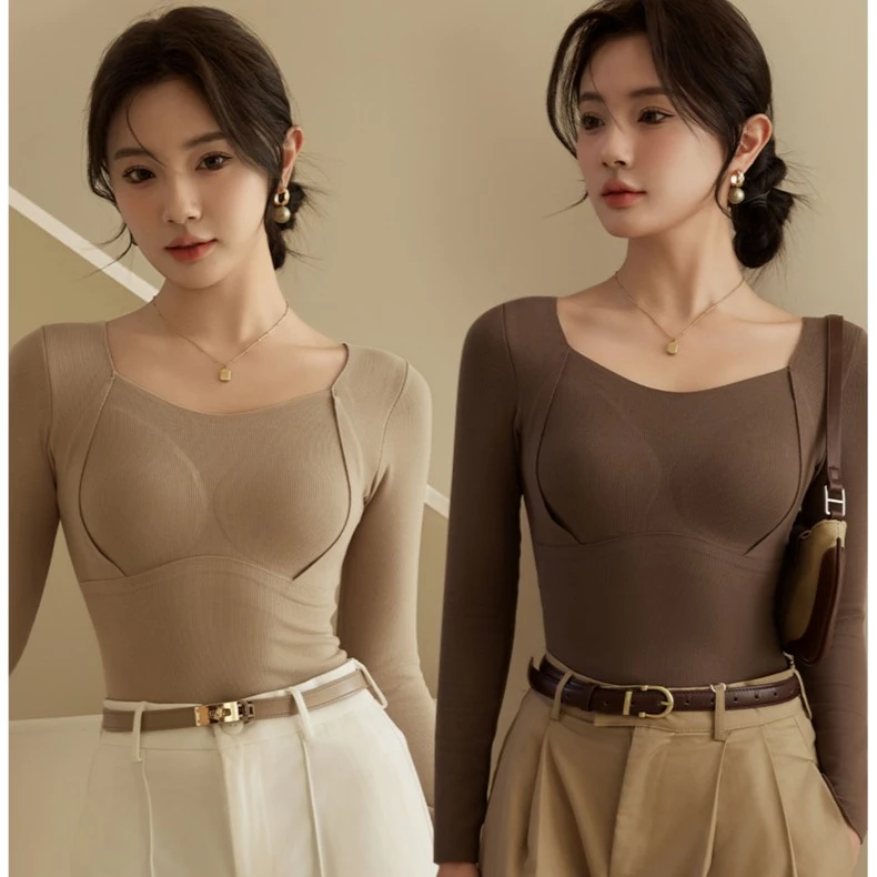 6657含羊毛➕桑蚕丝长袖保暖内衣带胸垫一体加绒秋衣内搭打底秋冬