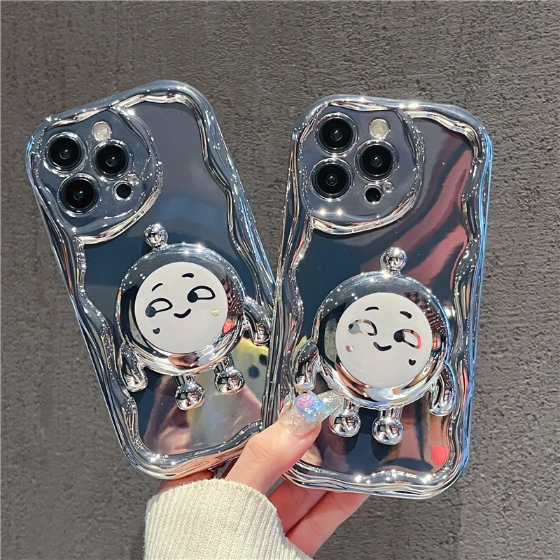 银蛋仔支架电镀曲边纹苹果15全包手机壳 华为oppo小米 mate60创意