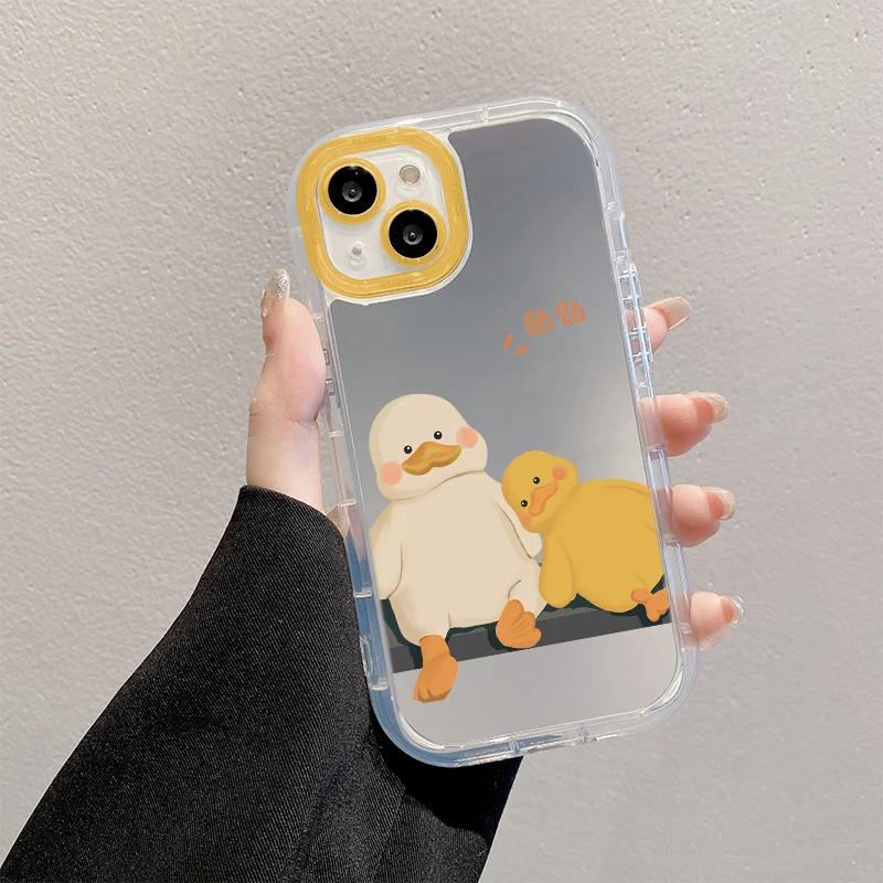 贴贴鸭镜面奶油壳苹果15华为mate60全包OPPO女VIVO小米13可爱卡通