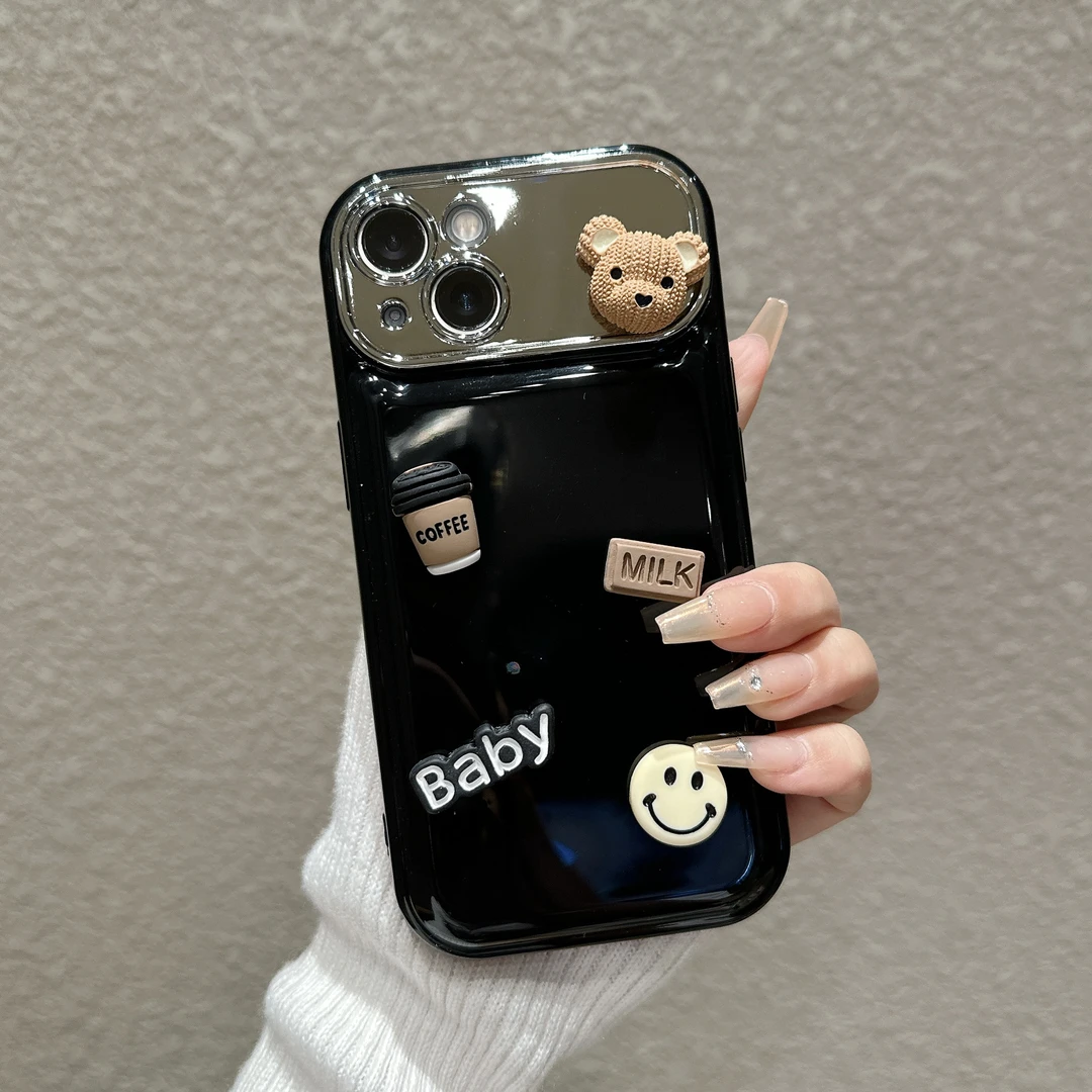 小熊咖啡银镜大视窗适用苹果15pro手机壳iPhone14pro包边13/12